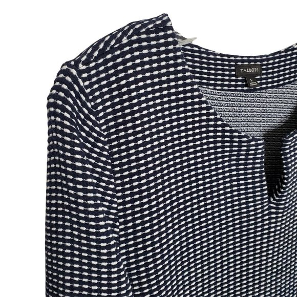 Talbots Size L Sweater Notched Neckline Basketweave Knit Cotton Blend Blue White - Picture 4 of 6